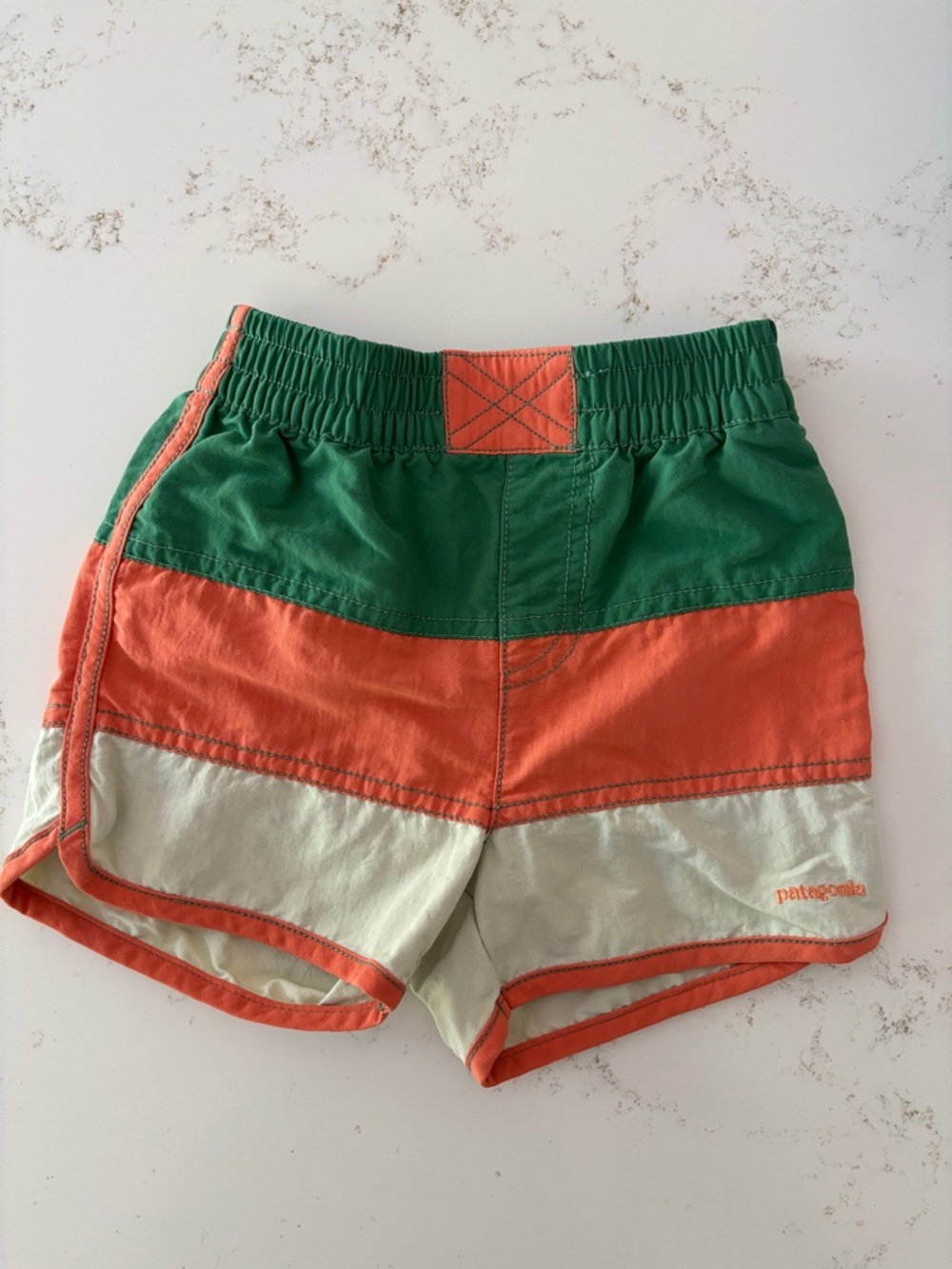 Patagonia Baby Board shorts. 4t. Green, Orange & Light Green Colorblock